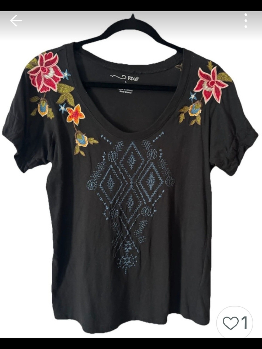 Rxb Black Scoop Neck Tee with Pink & Yellow Floral Embroidery